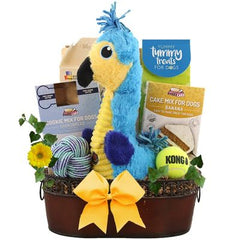 This gift includes:
Cassidy's Gourmet Biscuit Mix 14 oz.
Bone Shaped Cookie Cutter
Tummy Treats All Natural Salmon Dog Treats 12 oz.
Shortbread Cookie Mix with Cookie Cutter
Absurd Burds Blue Macaw Dog Toy 13.8" x 5.9"
Puppy Cake Banana Premium Cake Mix and Frosting (8 Servings)
Knot Your Ball Dog Toy 3.5”
Kong SqueakAir Tennis ball 2.5"
Scroll Oval Metal Container
Gift Size: 13.5” x 8.25” x 13”
Dim Wt: 18 lbs. (15x15x11)