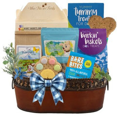 This Gift Includes:
Cassidy's Gourmet Biscuit Mix 14 oz.
Bone Shaped Cookie Cutter
Tummy Treats Crunchy Banana Bread Dog Treats 12 oz.
Tail Waggers Double Bacon Cheeseburger Dog Treats 8 oz.
Lucky Lickers Crunchy Pupkin Bones Dog Treats 5 oz.
Barkin Biskets Crunchy Bacon Bones Dog Treats 6 oz.
Big Bite Chunky Chicken 8” Biscuit Bone
Bakery Fresh Hand Iced Gourmet Dog Biscuit
Bare Bites Beef Liver Dog Treats
Reusable Fancy Scroll Top Metal Container
Gift Size 13.5” x 8.25” x 13”
Dim Wt: 15 lbs (15x15x11)