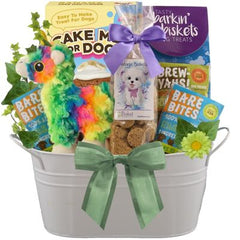 This Gift Includes:
Banana Cake Mix for Dogs (Makes one 6" Cake/8 Cupcakes/or 24 Mini Cupcakes)
Barkin Biskets All Natural Liver Crunch Dog Treats 5 oz.
Bare Bites Beef Liver Dog Treats
Llama Squeak and Crinkle Dog Toy 5"
Wiggle Biskets All Natural Chicken Dog Treats 6 oz.
Bare Bites Beef Liver Dog Treats
Brew-Yahs! Peanut Butter Dog Treats
Oval Metal Container
Gift Size 11" X 6" X 11"
Dim Wt: 10 lbs. (13x13x8)