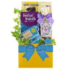 This Gift Includes:
Hemp Seed Banana Crunchy Dog Treats 14 oz.
Barkin Biskets 100% All Natural Beef Dog Treats 4 oz.
Wiggle Biskets All Natural Chicken Dog Treats 6 oz.
Bare Bites Beef Liver Dog Treats
Fun Box Container
Gift Size 7" x 4" x 12"
Dim Weight 7 lbs. (15x9x7)