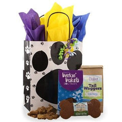 Doggy Bag contains:
Barkin Biskets 100% All Natural Beef Dog Treats 4 oz.
Tail Waggers 100% All Natural Cheezy Bacon Dog Treats 6 oz.
Salmon & Mango Flavor Giant 7" Natural Dog Bone 3 oz.
Paw Print Gift Bag
Gift Size: 8.25" x 4.25" x 14"
Dim Weight 5 lbs. (15x11x5)