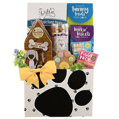 This Gift Includes:
Tummy Treats 100% All Natural Salmon Dog Treats 10 oz.
Candied Maple Sweet Puptato Dog Biscuits 14 oz.
Barkin Biskets 100% All Natural Beef Dog Treats 4 oz.
Wiggle Biskets 100% All Natural Chicken Dog Treats 8 oz.
Good Dog Apple Dumpling All Natural Treats 8 oz.
Bare Bites Beef Liver Dog Treats
Brew-Yahs! Peanut Butter Dog Treats Bag
Bakery Fresh Hand Iced Gourmet Dog Biscuit
Large Paw Print Container
Gift Size 10" X 6" X 16"
Dim Weight 15 lbs. (17x13x9)