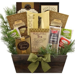 This Gift Includes:
Chocolate Salted Caramel Wafer Cookies 2 oz.
Fontazzi Buttercrunch Popcorn 5 oz.
Sorrento Chocolate Truffle Cocoa
Smoked Salmon 2 oz.
Sorrento Chocolate Truffle Cocoa
Dolcetto Chocolate Cookies Bag .7 oz.
Licorice Petites 1.4 oz.
Ernest Hemingway Highland Select Tea 2 Bags
Beef Sausage Chub 5 oz.
Dolcetto Chocolate Cookies Bag .7 oz.
Dolcetto Chocolate Cookies Bag .7 oz.
Rustic Wood Container
Gift Size 10.25" x 6.5" x 12"
Dim Weight 10 lbs. (13"x13"x9")