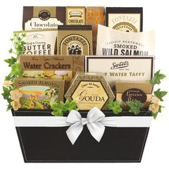 This Gift Includes:
Chocolate Salted Caramel Cookies 2 oz.
Dolcetto Chocolate Pastry Cookies
Chocolate Wafer Cookies
Fontazzi Buttercrunch Popcorn
Butter Toffee Caramels 2 oz.
Fontazzi Butter Toffee Pretzels
Smoked Salmon
Three Pepper Blend Water Crackers 2 oz.
Salt Water Chocolate Chiffon Taffy 2 oz.
California Smoked Almonds 2 oz.
Gouda Creamy Cheese Spread 3.5 oz.
Licorice Petites 1.4 oz.
Black Faux Leather Embossed Container with Stitching
Gift Size 16” x 6.75” x 15”
Dim Wt: 21 lbs. (17x17x10)