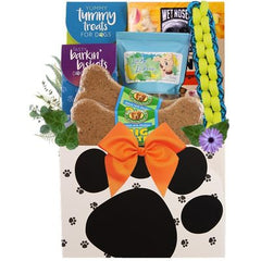 This gift includes:
Tummy Treats Crunchy Banana Brad Dog Treats 12 oz.
Moments Apple Ginger Bears 14 oz.
Barkin Biskets Crunchy Bacon Bones Dog Treats 6 oz.
Lucky Lickers Pupkin Bones Dog Treats 5 oz.
Paracord Rope Fetch Stick Dog Toy
Two (2) Big Bite Chunky Chicken 8" Biscuit Bone
Large Paw Print Container
Gift Size 10" X 6" X 16'
Dim Weight 12 lbs. (16x13x9)