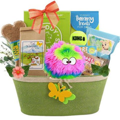 This gift includes:
Tummy Treats 100% All Natural Salmon Treats for Dogs 12 oz.
Buddy Biscuits Roasted Chicken Dog Treats 14 oz.
Big Bite Chunky Chicken 8” Biscuit Bone
Tail Waggers All Natural Cheezy Bacon Dog Treats 8 oz.
Furrballz Rainbow Squeaker Ball with Chew Guard Technology 4.5” x 4.5” x 4.5”
Kong SqueakAir Tennis ball 2.5”
Lucky Lickers Pumpkin with Cranberry Dog Treats 5 oz.
Oval Tin Container
Gift Size 15" X 8" X 15"
Dim Weight 15 lbs. (15x15x11)