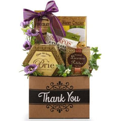 This Gift Includes:
Dolcetto Chocolate Pastry .9 oz.
Three Pepper Blend Water Crackers 2 oz.
Pitted Greek Olive Mix 1 oz.
Brie Creamy Cheese Spread 3.5 oz.
Licorice Petites 1.4 oz.
Thank You Themed Box Container
Gift Size 7" x 4" x 12"
Dim Weight 7 lbs. (15x9x7)