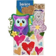 This gift includes:
Tummy Treats Crunchy Banana Bread Dog Treats 12 oz.
Beggar Biskets Peanut Butter Dog Treats 11 oz.
Big Bite Chunky Chicken 8” Biscuit Bone
Invincibles Owl Plush Dog Toy 6.3" x 4.5"
Bakery Fresh Hand Iced Gourmet Dog Biscuit
Cheery Heart Themed container
Gift Size 7" x 4" x 12"
Dim Weight 6 lbs. (15x9x7)