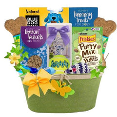 This Gift Includes:
For The Dog
Blue Dog Bakery Doggie Paws Peanut Butter Treats 16.2 oz. Box
Tummy Treats Crunchy Banana Bread Dog Treats 12 oz.
Two (2) Big Bite Chunky Chicken 8” Biscuit Bones
Barkin Biskets Crunchy Bacon Bones Dog Treats 6 oz.
Kong SqueakAir Tennis ball
For The Cat
Cat’s Meow Chicken Cat Treats 3 oz.
Friskies Party Mix (assorted flavors)
Mop Mouse Cat Toy 6.75”
Fish Cat Toy with Feathers 6
Reusable Cheery Oval Tin Container
Gift Size 16" x 8" x 15"
Dim Wt 15 lbs.