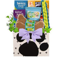 This gift includes:
Tummy Treats Crunchy Banana Brad Dog Treats 12 oz.
Moments Apple Ginger Bears 14 oz.
Barkin Biskets Crunchy Bacon Bones Dog Treats 6 oz.
Lucky Lickers Pupkin Bones Dog Treats 5 oz.
Paracord Rope Fetch Stick Dog Toy
Two (2) Big Bite Chunky Chicken 8" Biscuit Bone
Large Paw Print Container
Gift Size 10" X 6" X 16'
Dim Weight 12 lbs. (16x13x9)