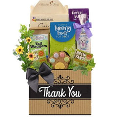 This Gift Includes:
Cassidy's Gourmet Biscuit Mix 14 oz.
Bone Shaped Cookie Cutter
Barkin Biskets Crunchy Bacon Bones Dog Treats 6 oz.
Tail Waggers Double Bacon Cheeseburger Dog Treats 8 oz.
Tummy Treats Crunchy Banana Bread Dog Treats 12 oz.
Wiggle Biskets All Natural Chicken Dog Treats 6 oz.
Brew-Yahs! Peanut Butter Dog Treats
Bakery Fresh Hand Iced Dog Biscuit (various shapes)
Brew-Yahs! Peanut Butter Dog Treats
Thank You Themed Container
Gift Size 10" x 6" x 16"
Dim Wt: 15 (17x13x9)