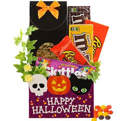 This Gift Includes:
For People:
Three (3) Movie Style Candy Boxes (Plain and Peanut M&M's - Reese's Pieces Shown)
Tow (2) Full Size Candies (Skittles-Reese's Shown)
For the Dog
Tummy Treats All Natural Salmon Dog Treats 12 oz.
Halloween Themed Container
Gift Size 7" x 4" x 12"
Dim Weight 7 lbs. (15x9x7)